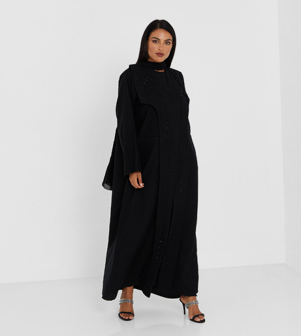 Black Color Abaya With Black Stone Hand Work And Pockets 