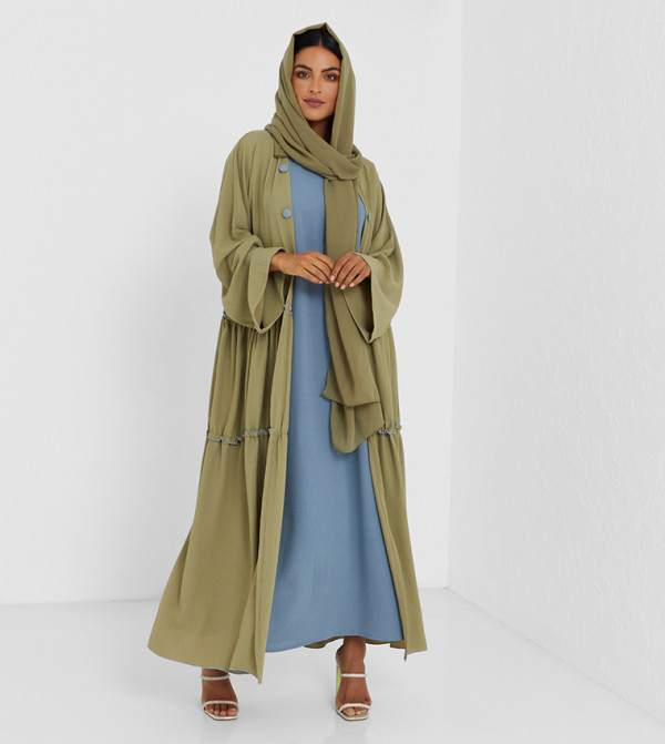 Colour Block Frill Detailed Long Sleeves Abaya 