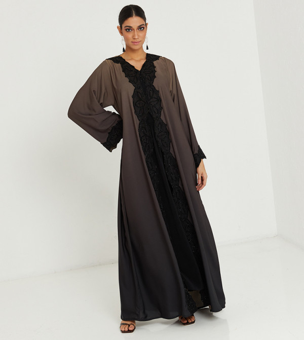 Lace Detailed V-Neck Long Sleeves Abaya 