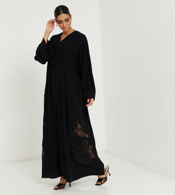 Lace Detailed V-Neck Abaya