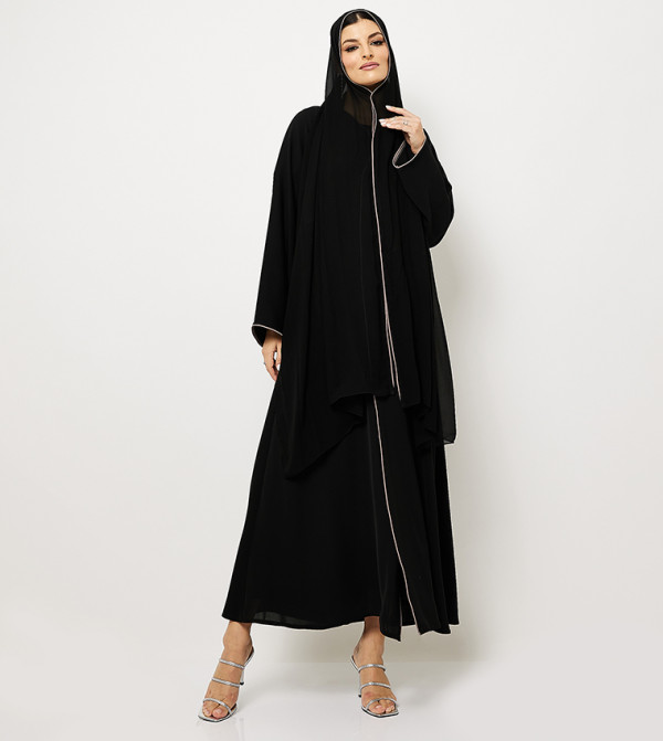 Contrast Piping Long Sleeves Abaya with Hijab