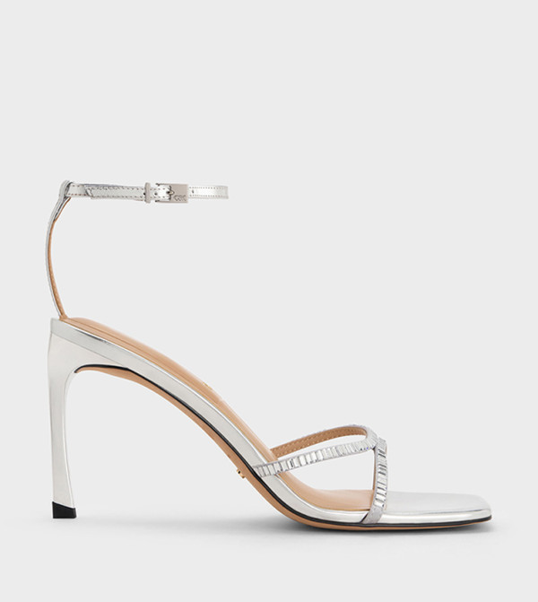 Metallic Leather Crystal-Embellished Ankle Strap Heel Sandals