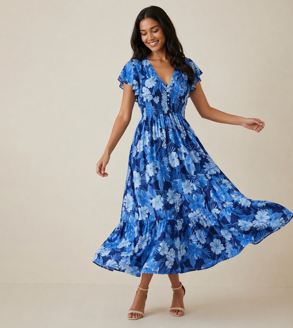 Floral V-Neck Flutter Sleeves Midi Dress
