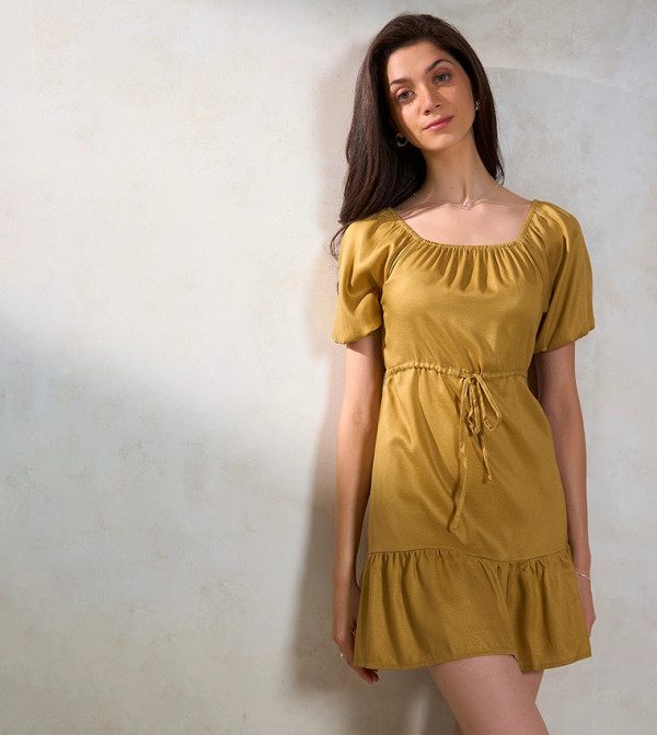 Solid Short Sleeves Tie-Ups Tencel Fit & Flare Mini Dress