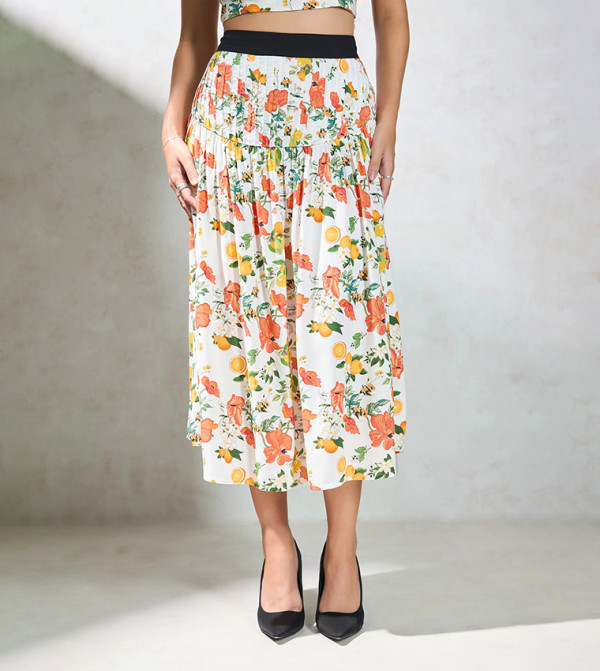 Printed Elastic Waist Midi Skirt