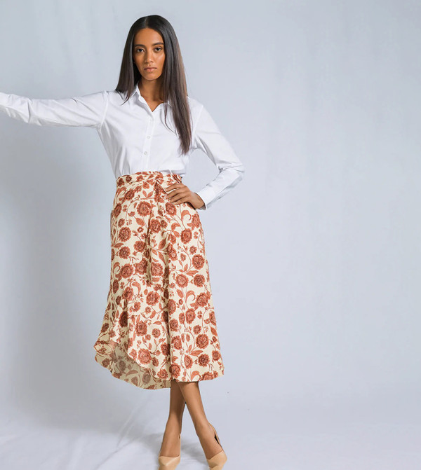 Printed Asymmetric Hem Midi Skirt