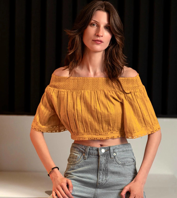 Solid Pure Cotton Off-Shoulder Crop Top