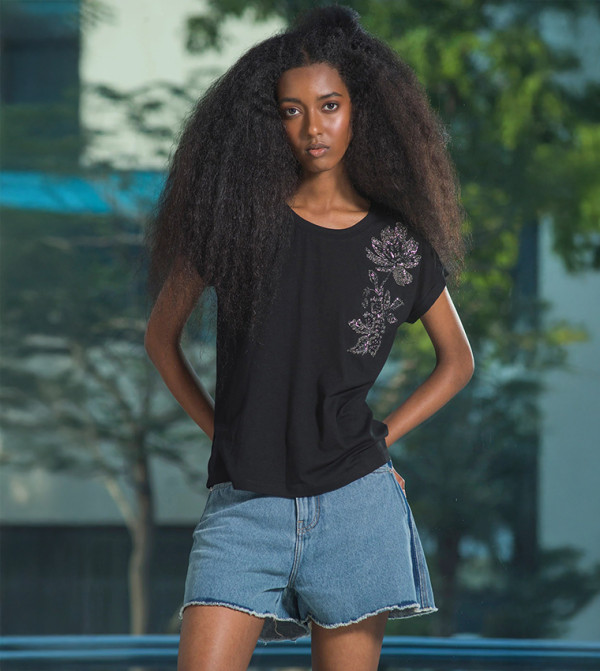 Embellished Viscose Crew Neck T-Shirt