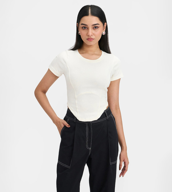 Solid Cotton Crew Neck Corset T-Shirt