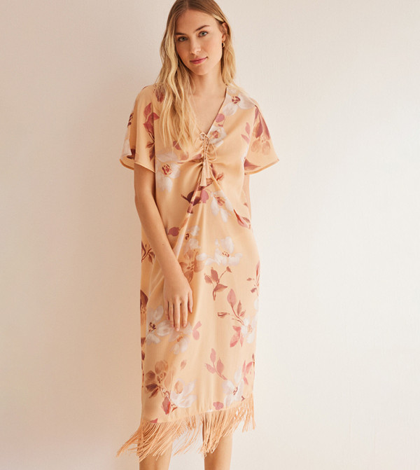 Printed V-Neck Midi Dress