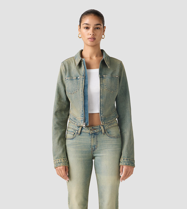 Y2K Washed Zip-Through Stretch Fitted Trucker Jacket