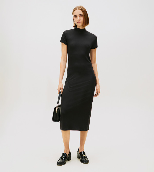 Ribbed High Neck Midi Dress