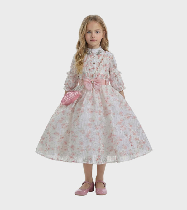 SAFA Floral Patterned Flared Dress with Bag