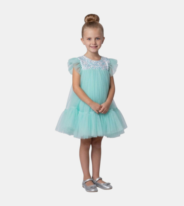 Sequinned Flutter Sleeves Tulle Party Dress