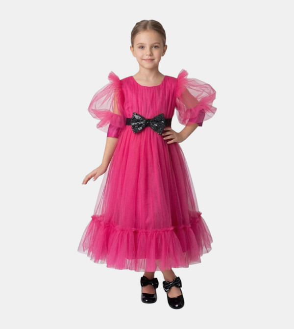 Glitter Bow Puff Sleeves Maxi Dress