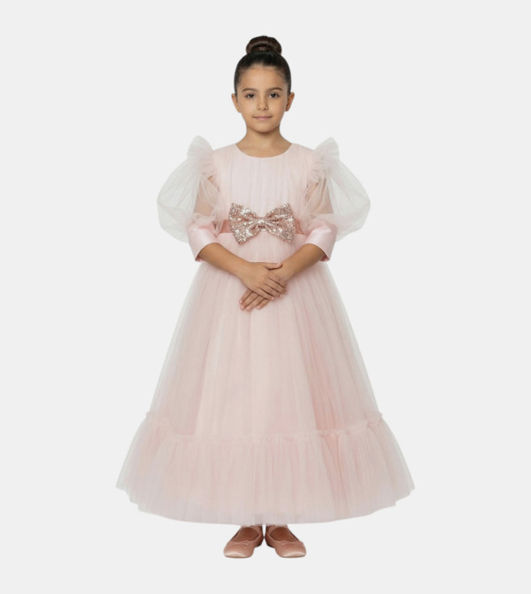 Glitter Bow Puff Sleeves Maxi Dress