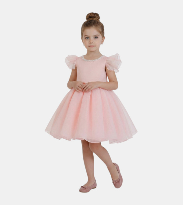 Embellished Flutter Sleeves Tulle Party Dress