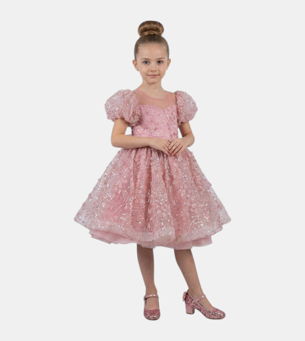 Floral Puff Sleeves Lace Party Dress