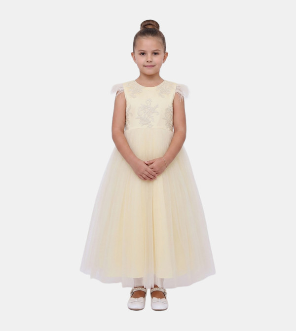 Feather Accented Sleeveless Party Gown