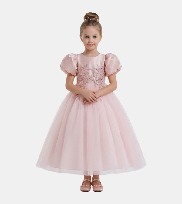 Floral Embroidered Puff Sleeves Tulle Party Dress