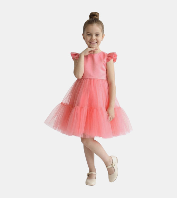 Ruffled Cap Sleeves Tulle Party Dress