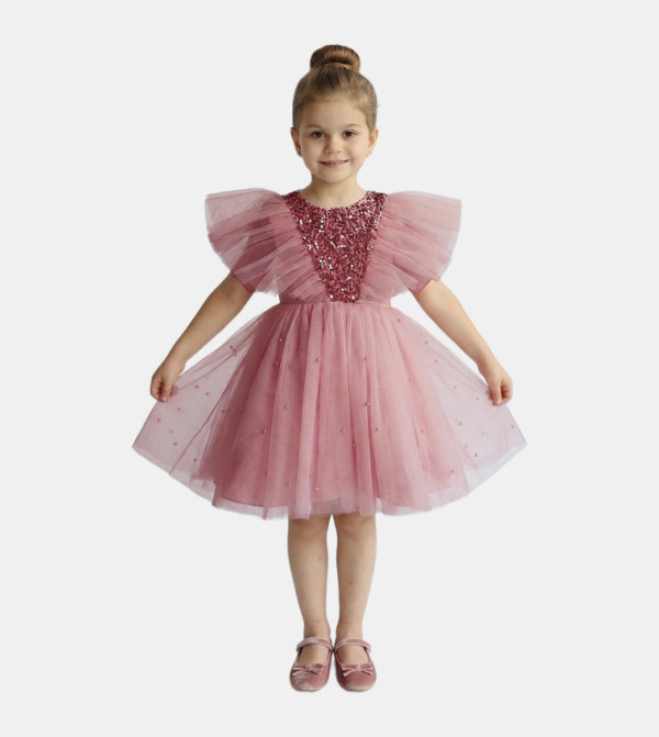 Sequinned Flutter Sleeves Party Dress