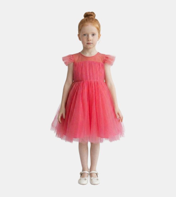Flutter Sleeves Layered Tulle Dress