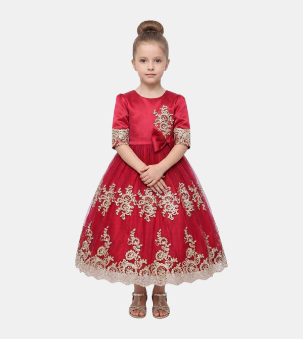 Lace Appliqué Satin Dress with Bow