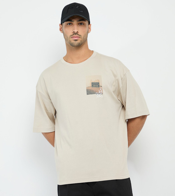 F5 - Beige Round Neck T-Shirts