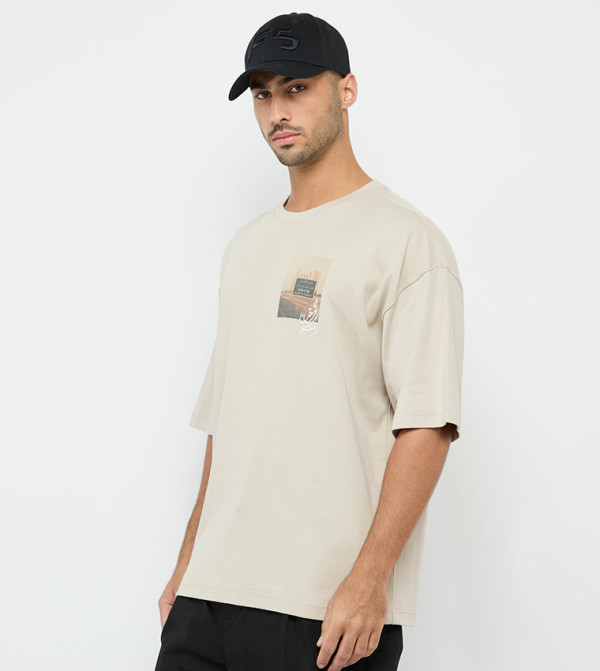 F5 - Beige Round Neck T-Shirts
