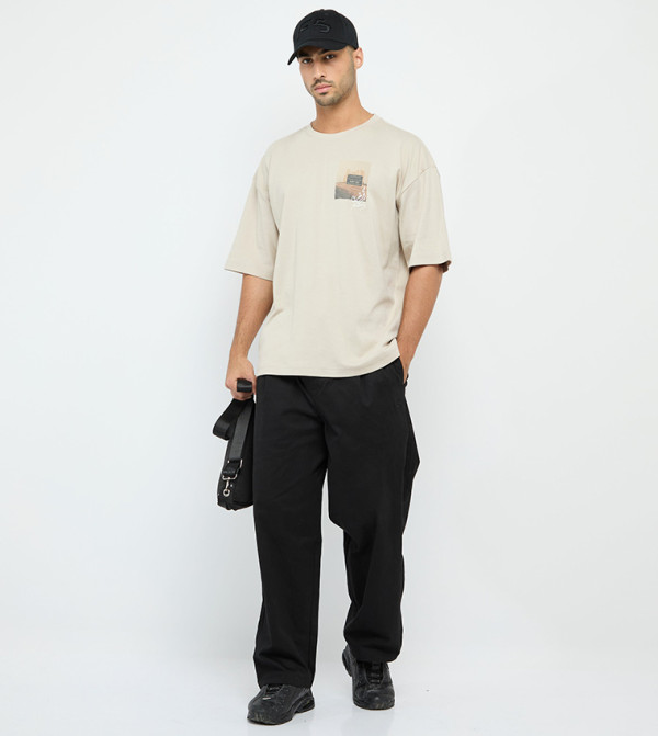 F5 - Beige Round Neck T-Shirts