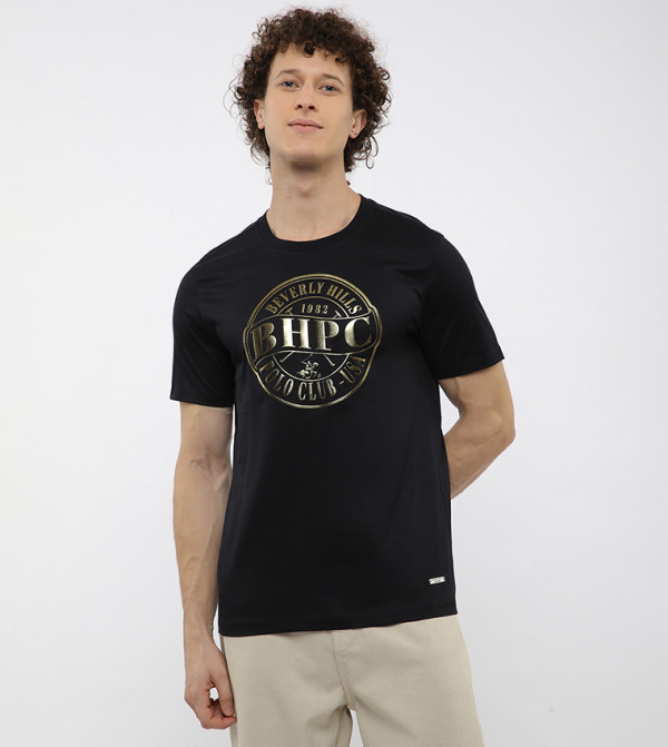 بيفرلي هيلز بولو كلوب  تيشيرتات كاجوال - أسود Round Neck T-Shirts