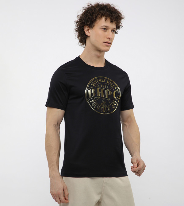 بيفرلي هيلز بولو كلوب  تيشيرتات كاجوال - أسود Round Neck T-Shirts