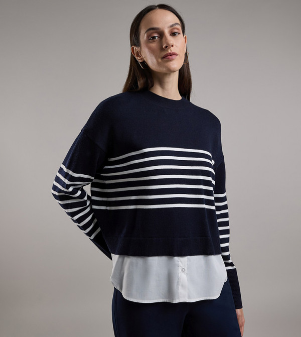 أر آند بي  سترات و كارديغانات - كحلي Round Neck Sweaters