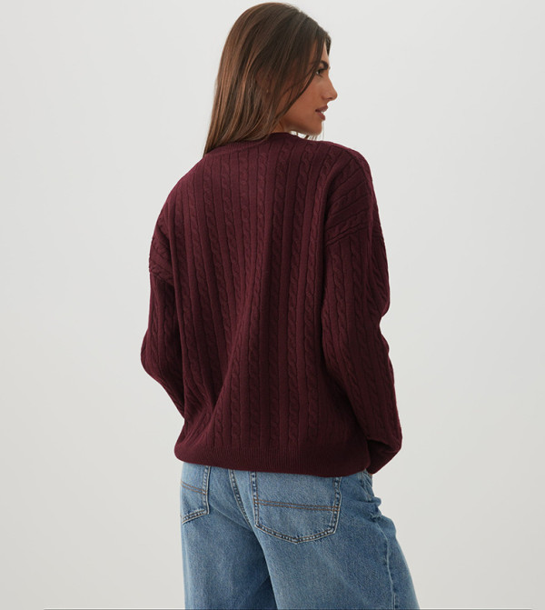 اردين  سترات و كارديغانات - بورغندي Round Neck Sweaters