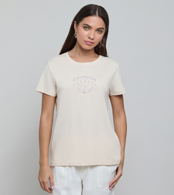 R&B  T-Shirts - Beige Short Sleeve T-Shirts