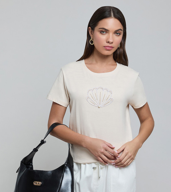 R&B  T-Shirts - Beige Short Sleeve T-Shirts
