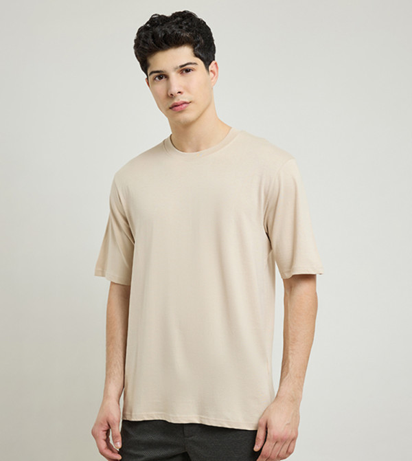 R&B  Clothing - Beige Round Neck T-Shirts