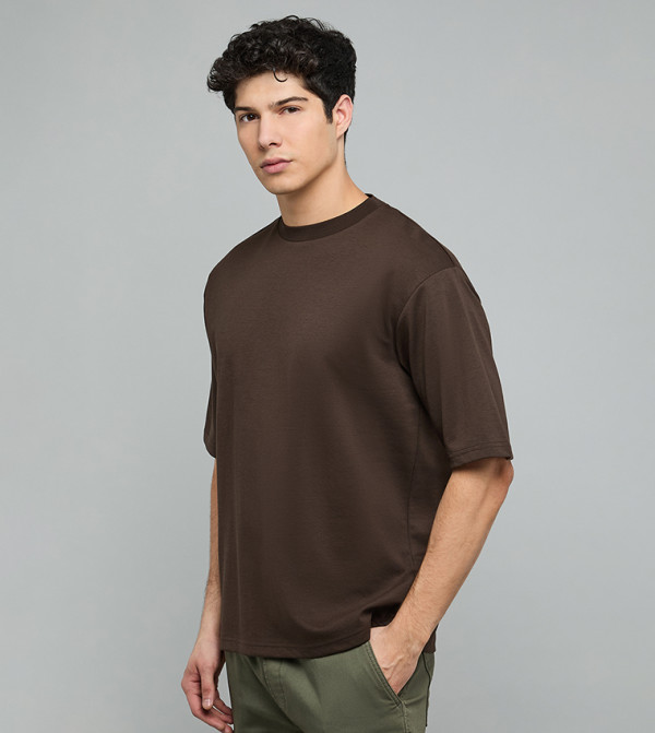 R&B - Dark Brown Round Neck T-Shirts