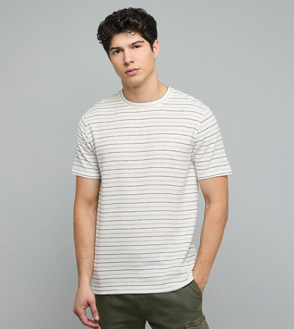 R&B  Casual T-Shirts - Ivory Round Neck T-Shirts
