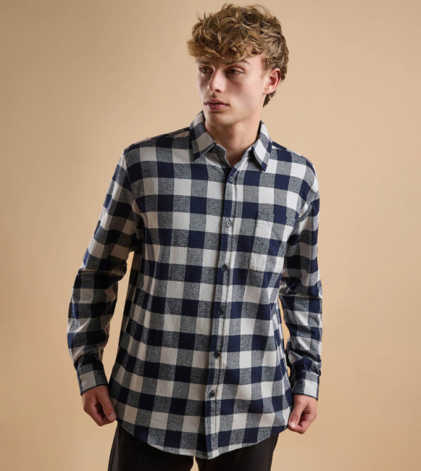 R&B  checkered-plaid-m - Navy Long Sleeves