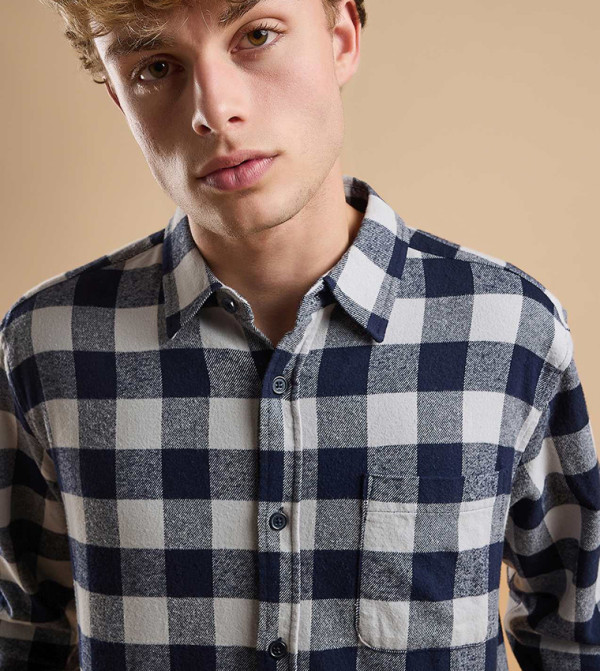 R&B  checkered-plaid-m - Navy Long Sleeves