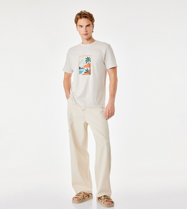 Koton  workwear-reworked - Beige Round Neck T-Shirts