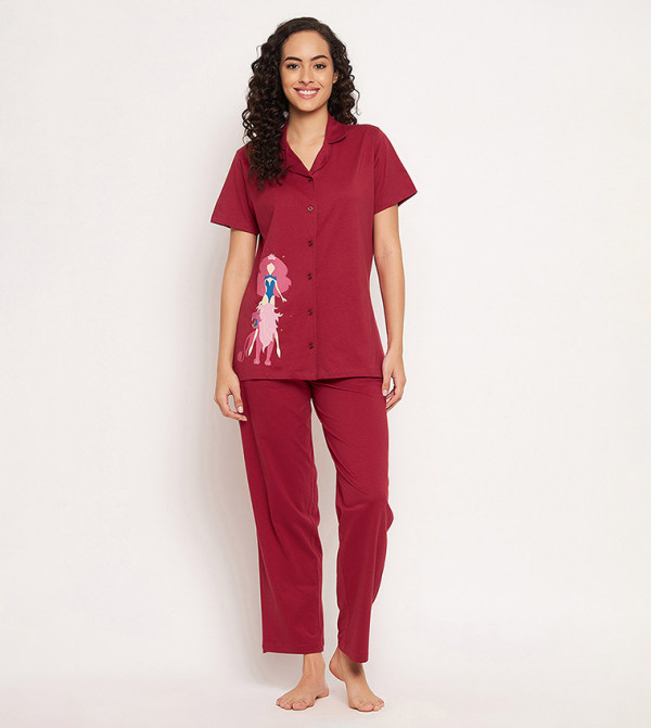 Clovia Clovia - Maroon Pyjama Set