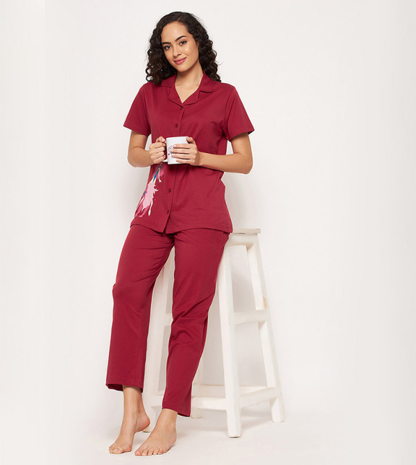 Clovia Clovia - Maroon Pyjama Set