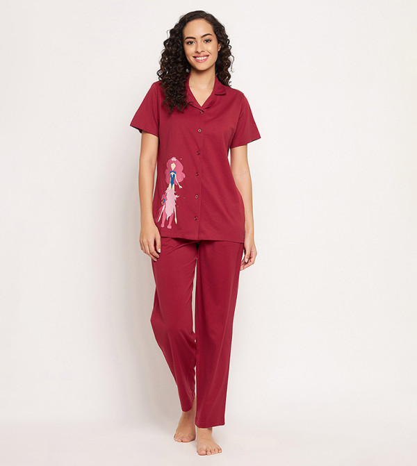 Clovia Clovia - Maroon Pyjama Set