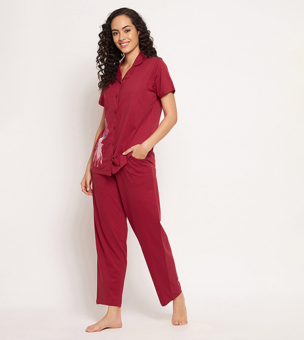 Clovia Clovia - Maroon Pyjama Set