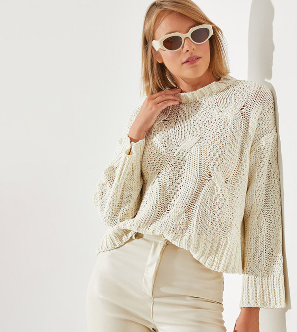 Bianco Lucci  - Ecru Round Neck Sweaters