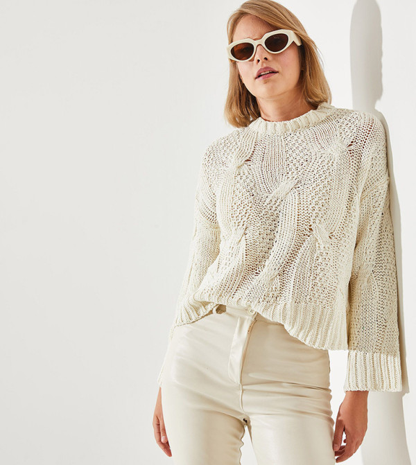 Bianco Lucci  - Ecru Round Neck Sweaters