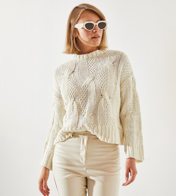 Bianco Lucci  - Ecru Round Neck Sweaters